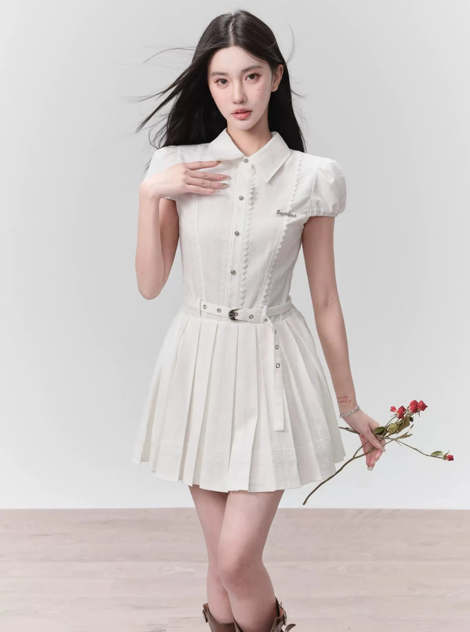 Pristine Puff-Sleeve Pleated Shirt Dress