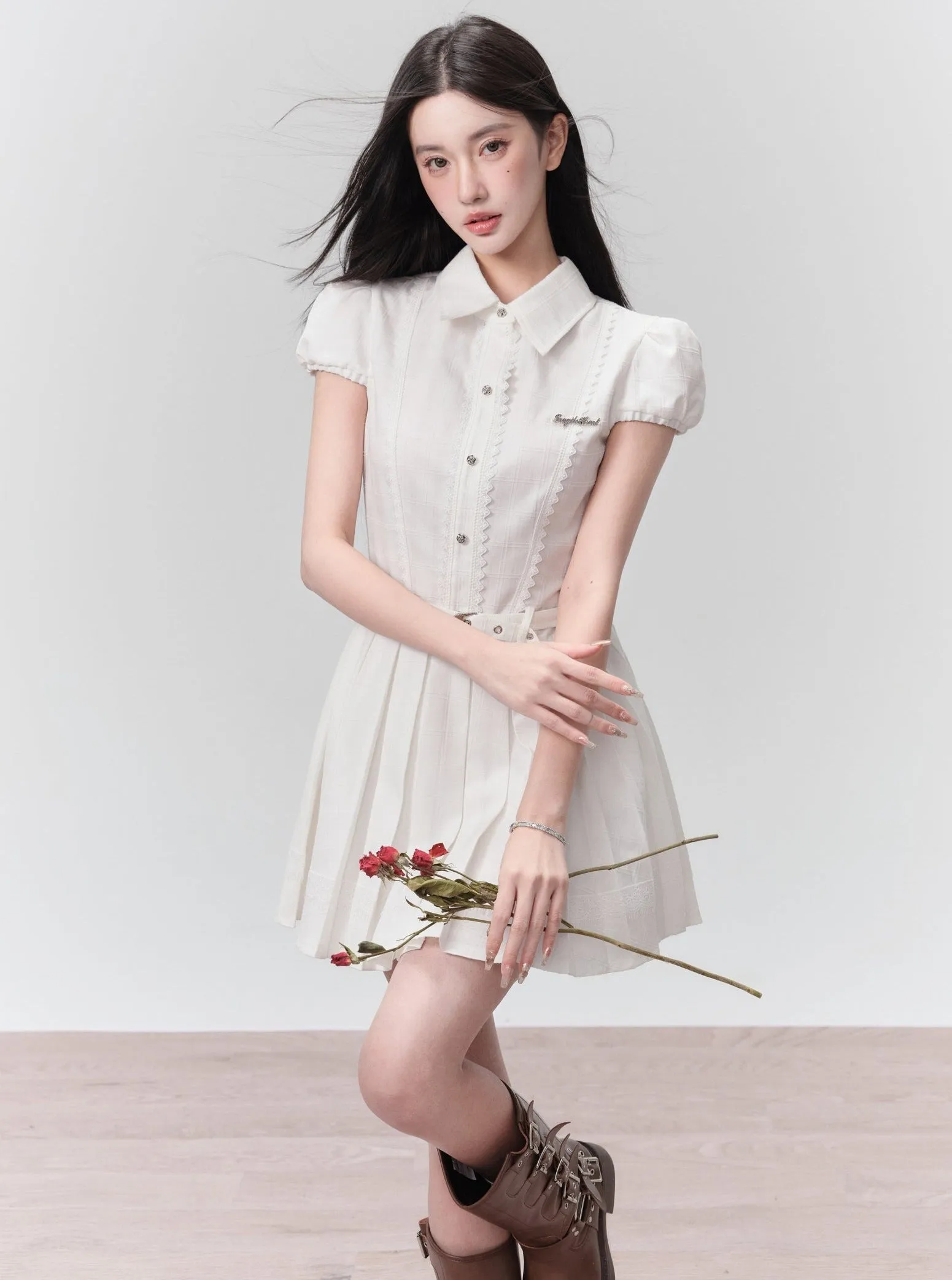 Pristine Puff-Sleeve Pleated Shirt Dress