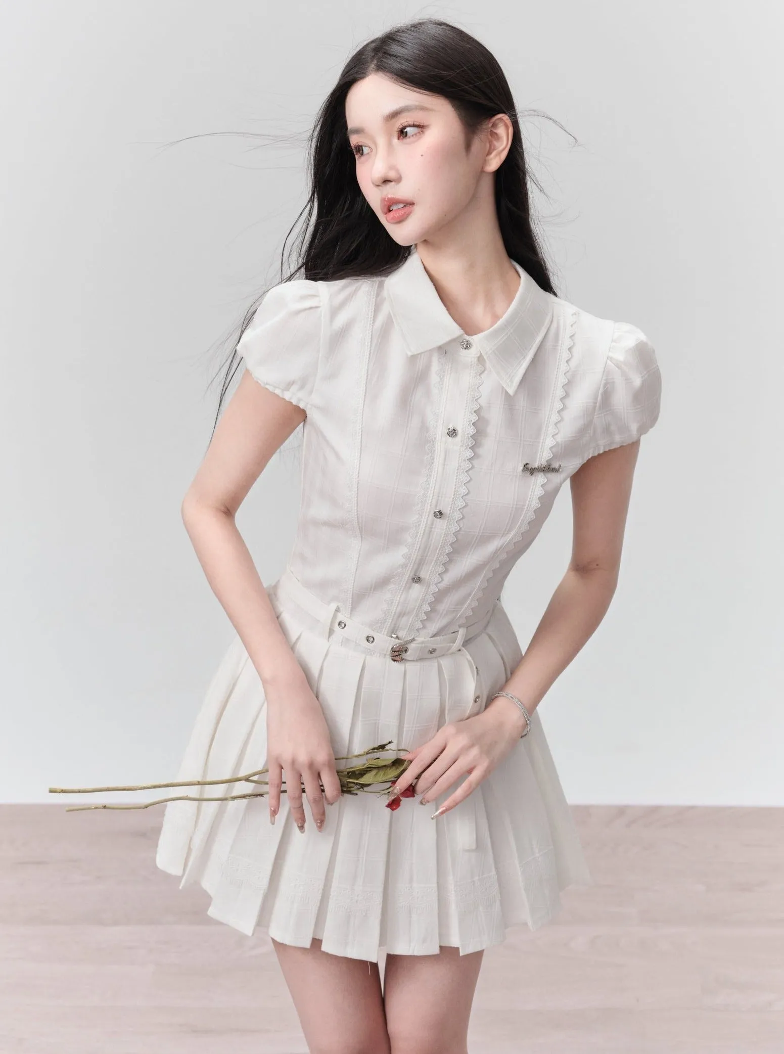 Pristine Puff-Sleeve Pleated Shirt Dress