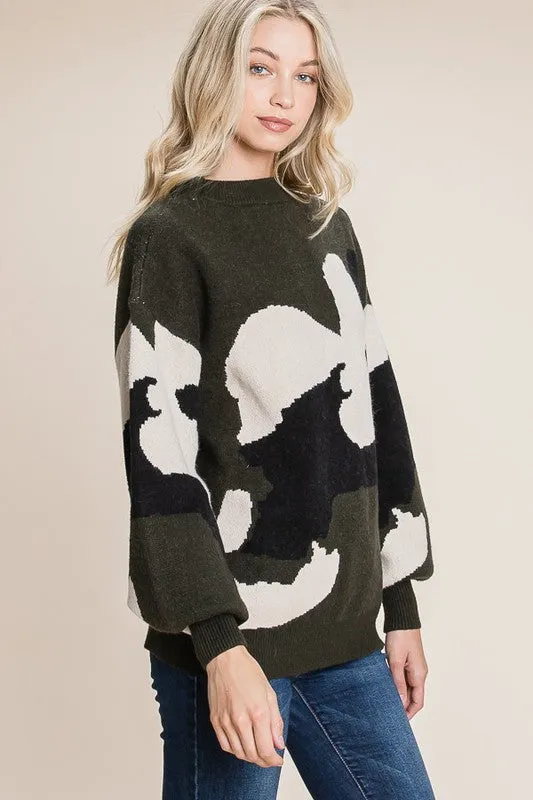 Quinn Camo Pattern Puff Sleeve Sweater