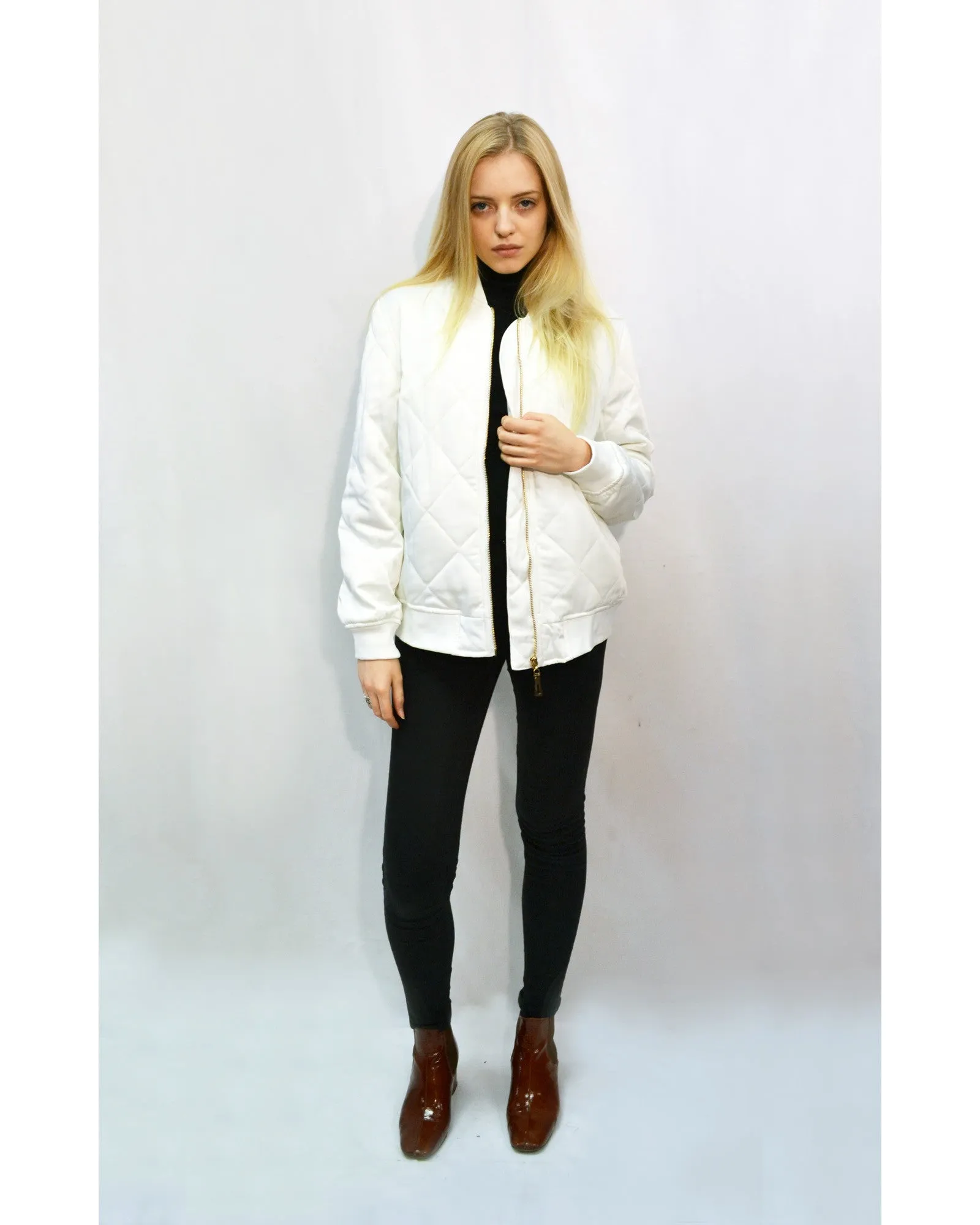 Qulited Satin White Puffer Bomber Jacket