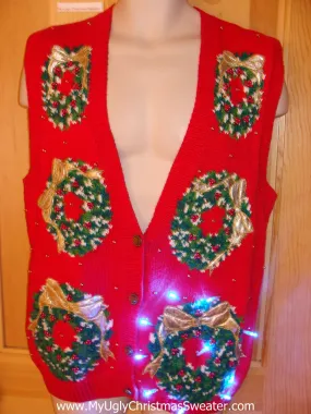 Red Tacky Christmas Sweater Vest with Wreaths and Lights