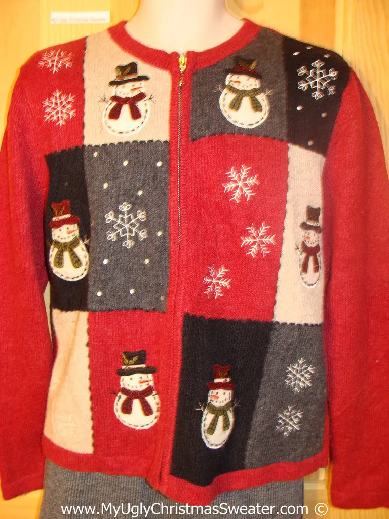 Red Tacky Christmas Sweater with Snowmen and Snowflakes (f1364)