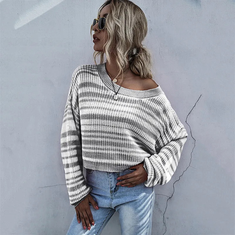 Round Neck Long Sleeve Bottomed Short Striped Sweater Women Base Knitted Blouse Sweater