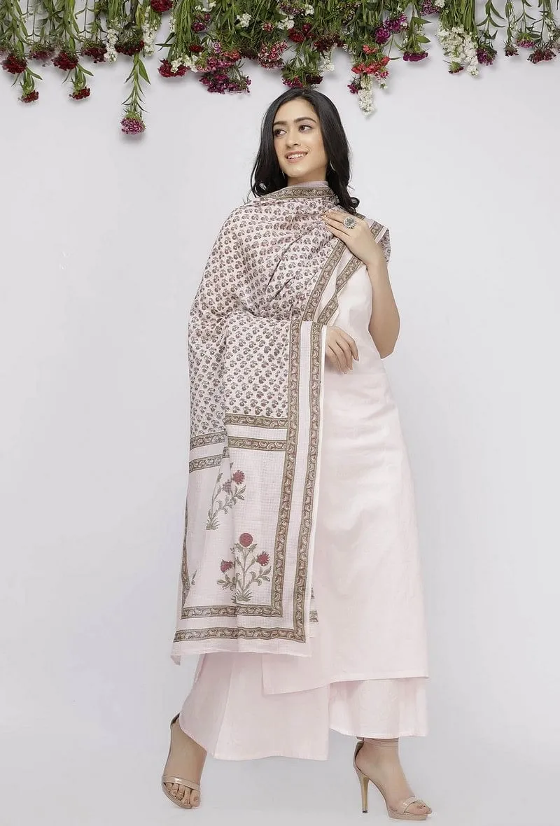 Set of 3:  Light Pink Cotton Slip with Pink Culotte and Hand-Block Printed  Kota Dupatta