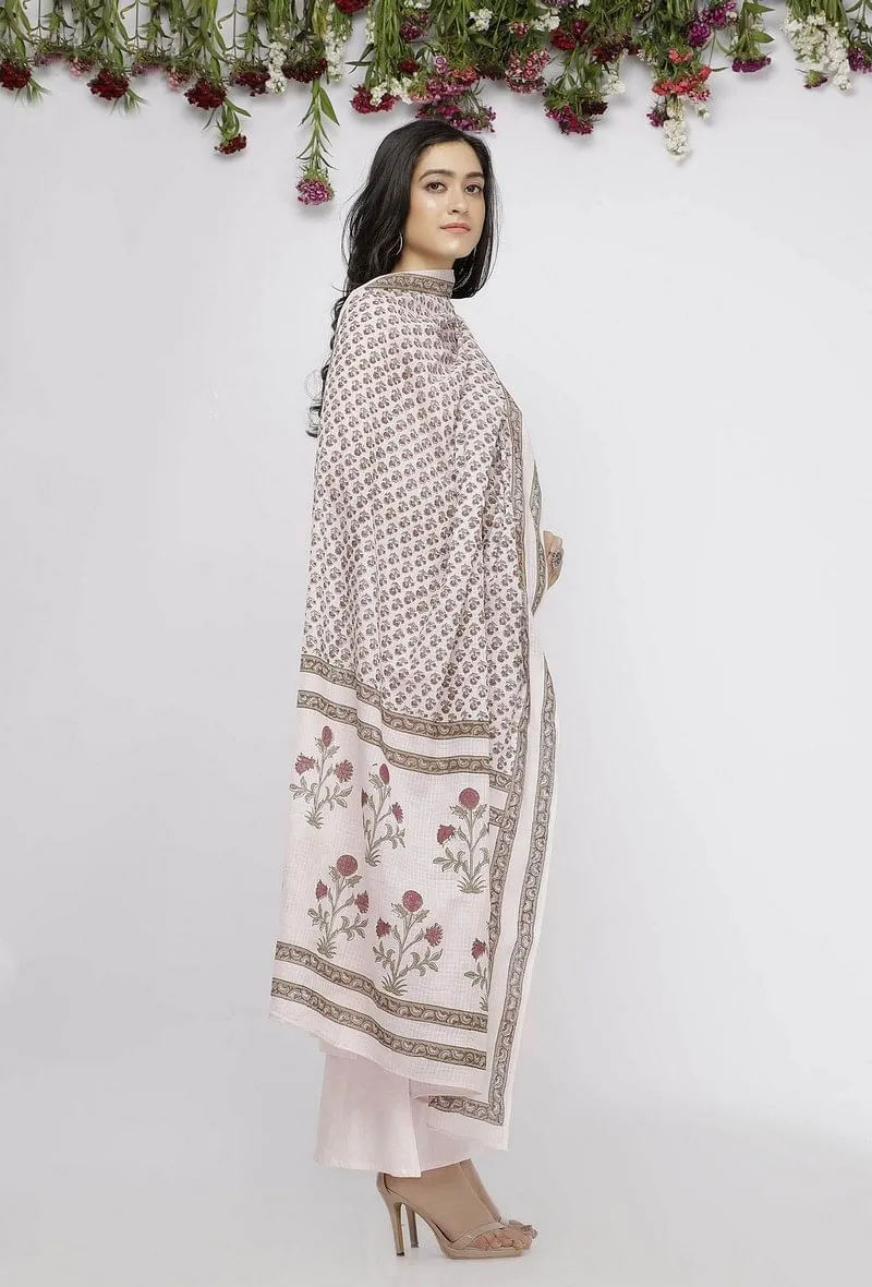 Set of 3:  Light Pink Cotton Slip with Pink Culotte and Hand-Block Printed  Kota Dupatta