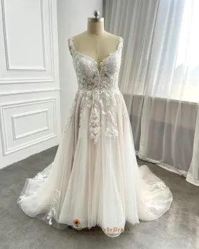 Sheer Lace Blush Plus Size Wedding Dress