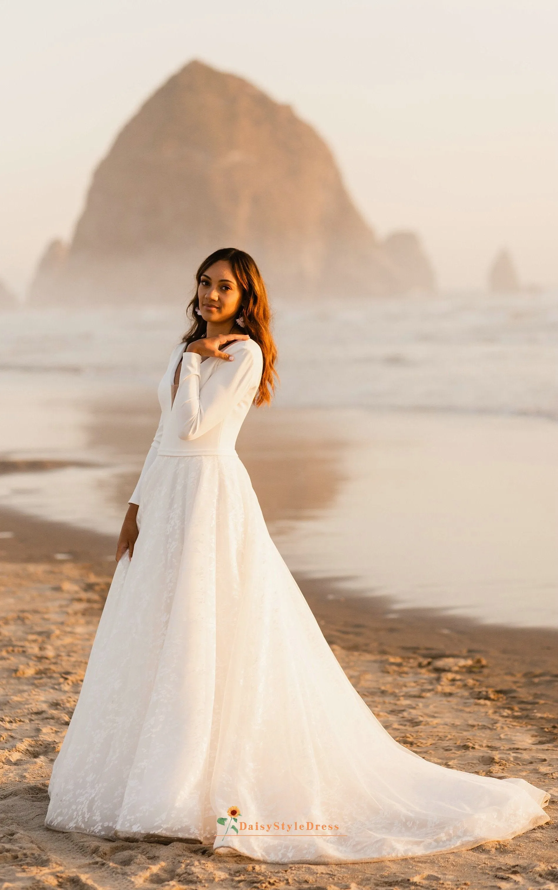 Simple Long Sleee Beach Wedding Dress