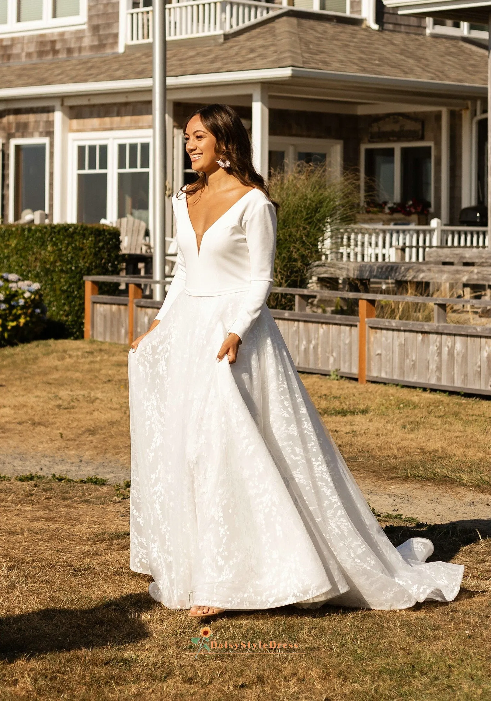 Simple Long Sleee Beach Wedding Dress