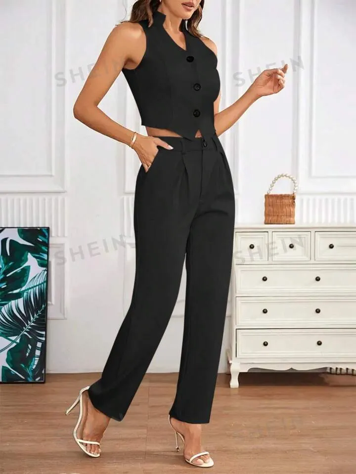 Sleeveless blazer vest & pant set in black