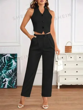 Sleeveless blazer vest & pant set in black