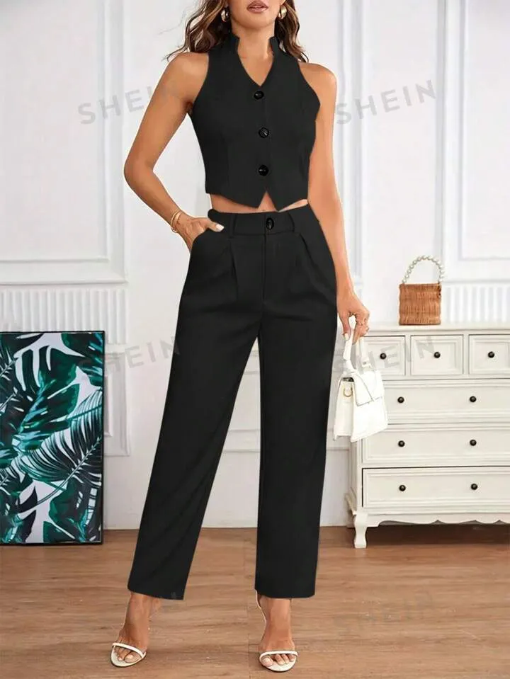 Sleeveless blazer vest & pant set in black