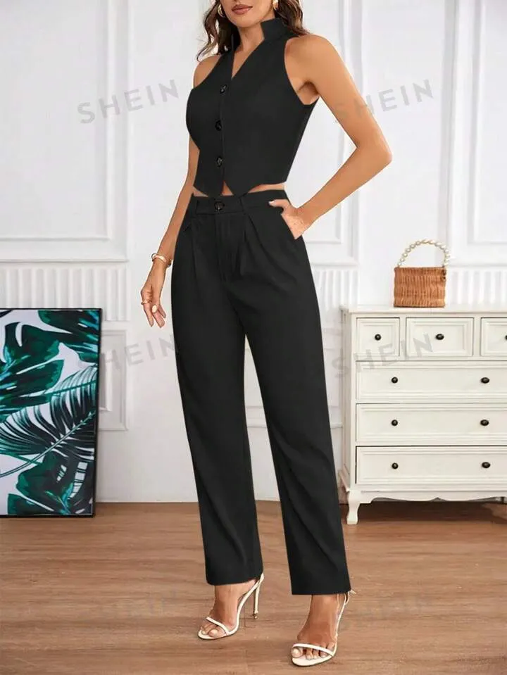 Sleeveless blazer vest & pant set in black