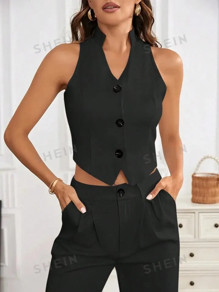 Sleeveless blazer vest & pant set in black