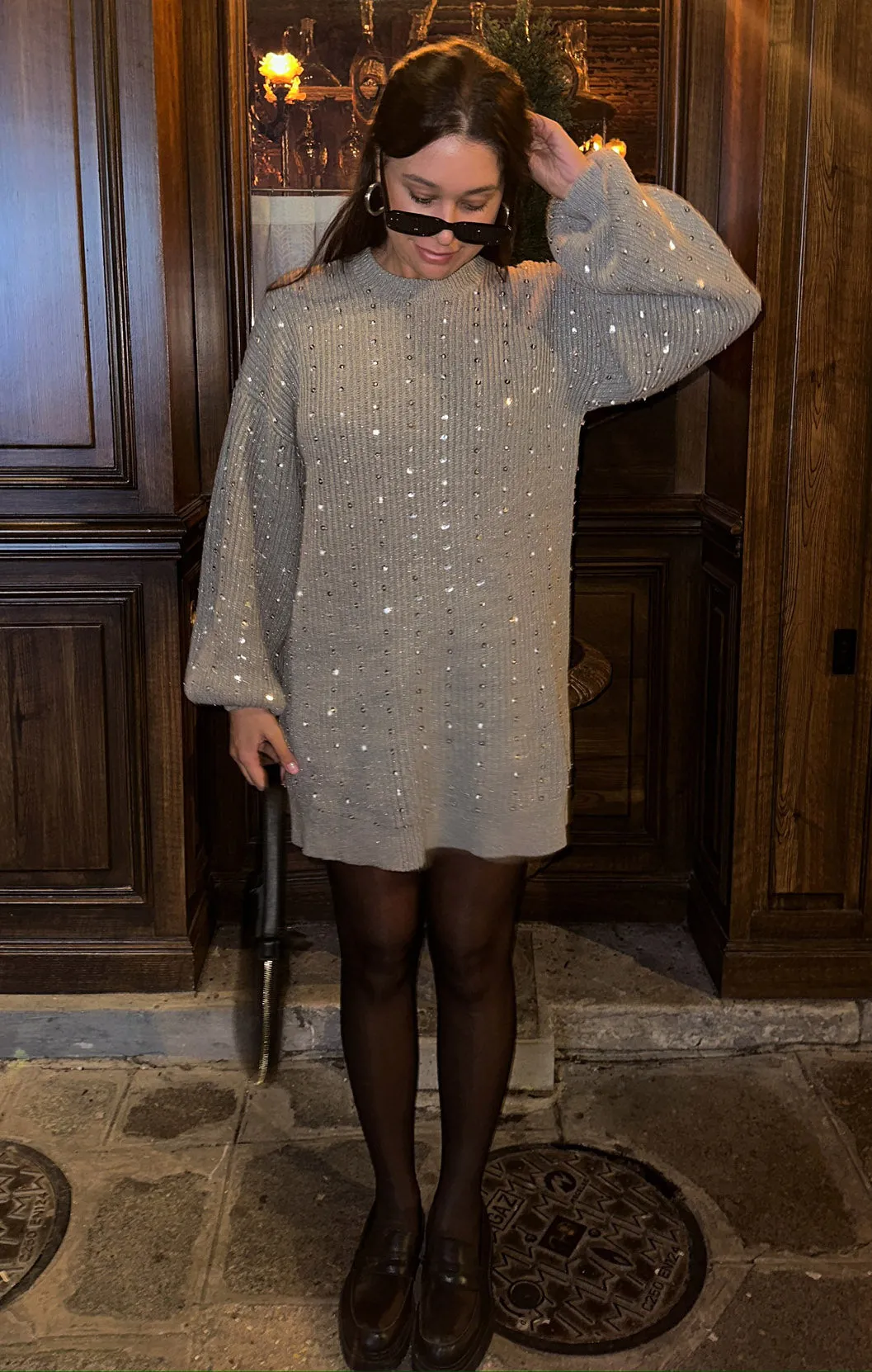 Social Sweater Dress ~ Silver Sequins Knit