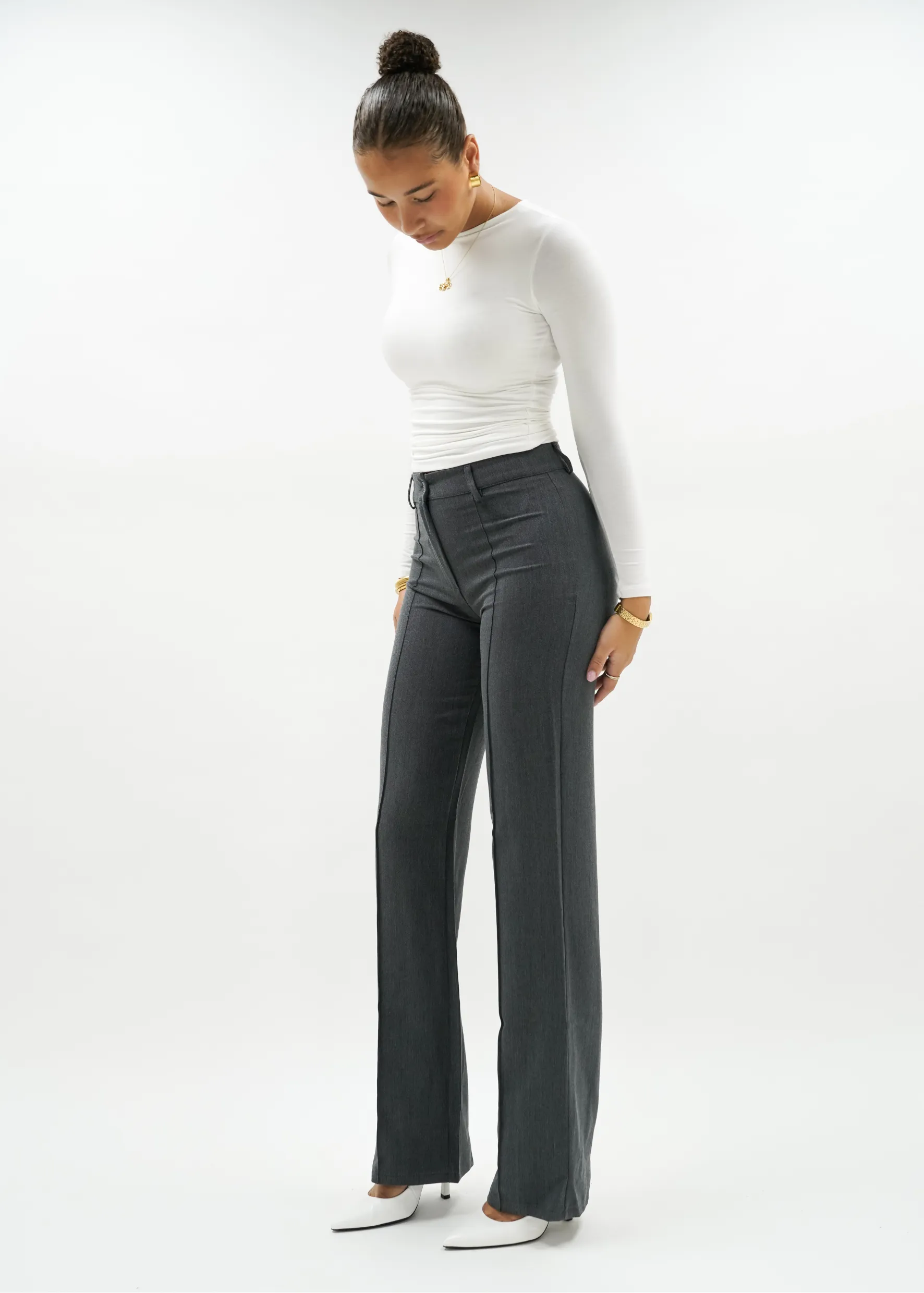 Straight leg pants met pressfold dark washed grey (TALL)