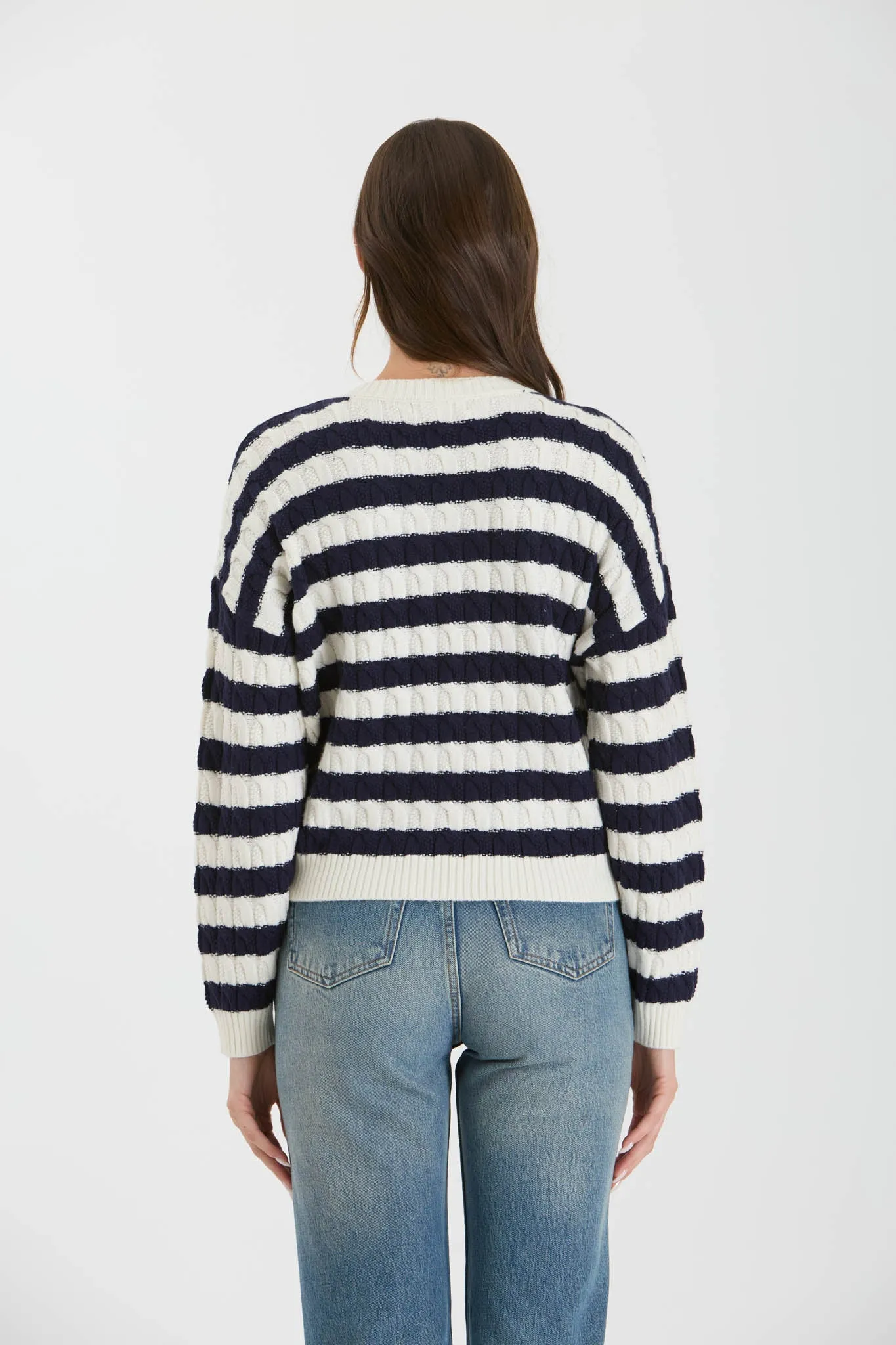 STRIPE CREWNECK CABLE KNIT KNIT SWEATER