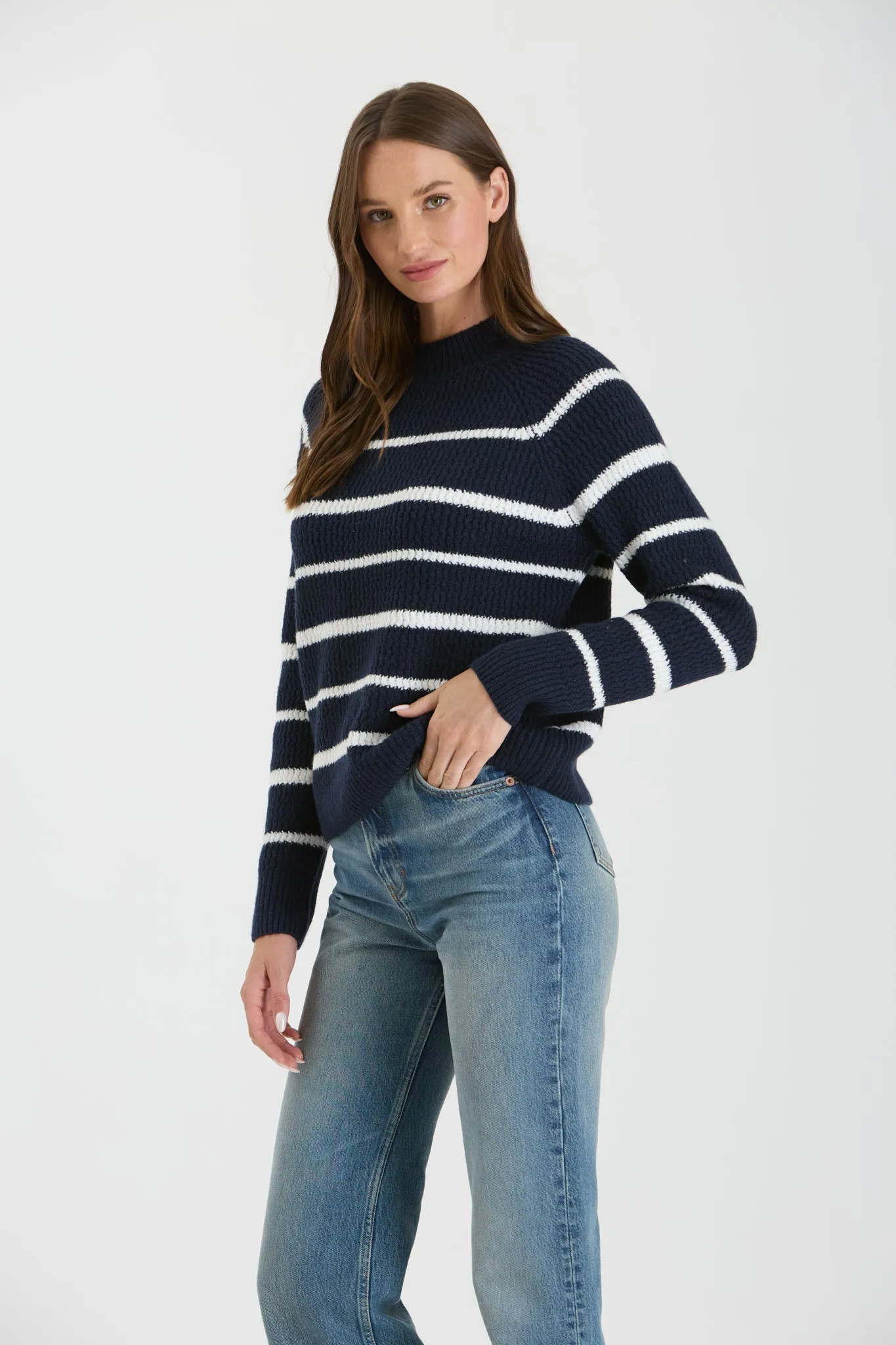 STRIPE HIGH NECK KNIT PULLOVER SWEATER