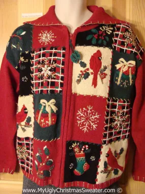 Tacky Christmas Sweater Party Ugly Sweater with Plaid Grids and Festive Cardinal Birds and Gifts (f986)