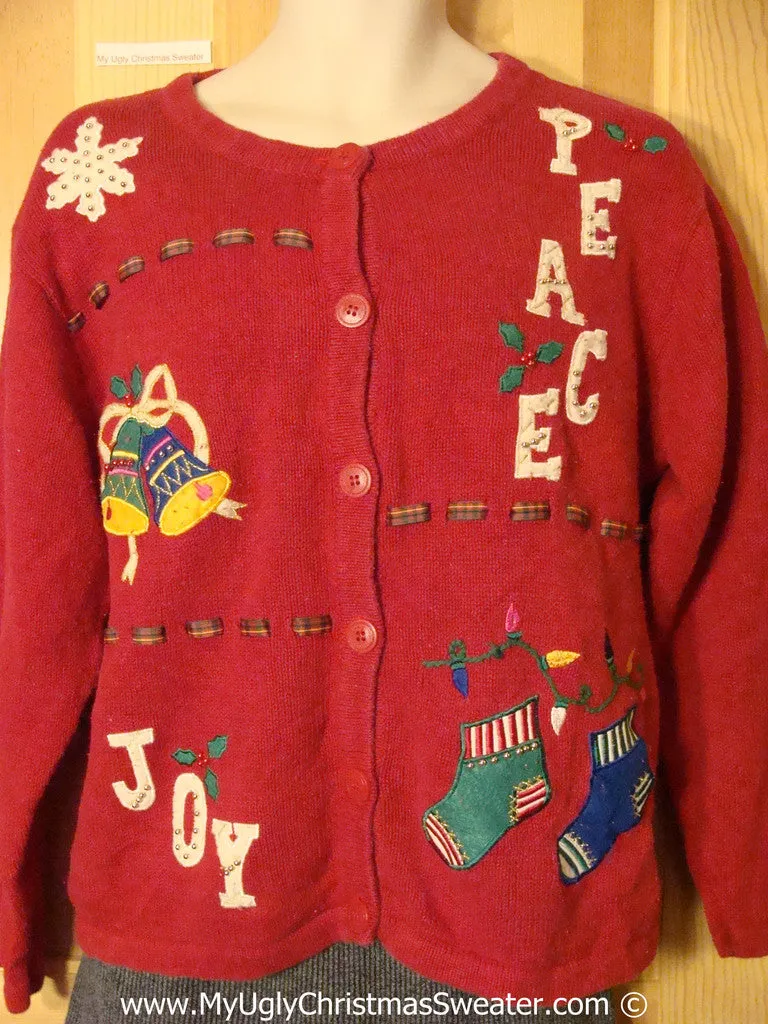 Tacky Red Christmas Sweater with PEACE and JOY (f1313)