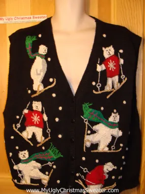 Tacky Ugly Christmas Sweater Vest Festive Skiing Bears (f83)