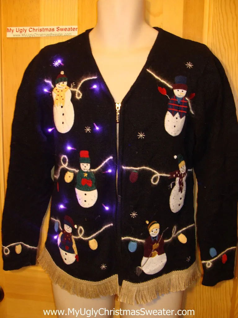 Tacky Ugly Christmas Sweater with Hanging Snowmen with Lights and Fringe (g46)