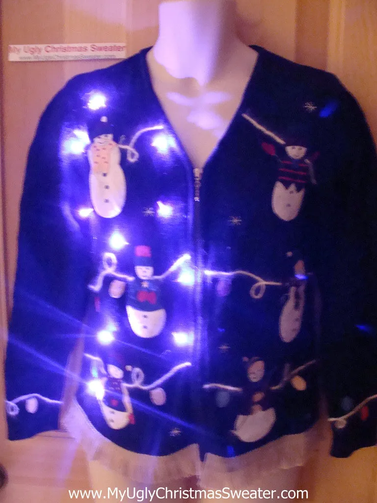 Tacky Ugly Christmas Sweater with Hanging Snowmen with Lights and Fringe (g46)