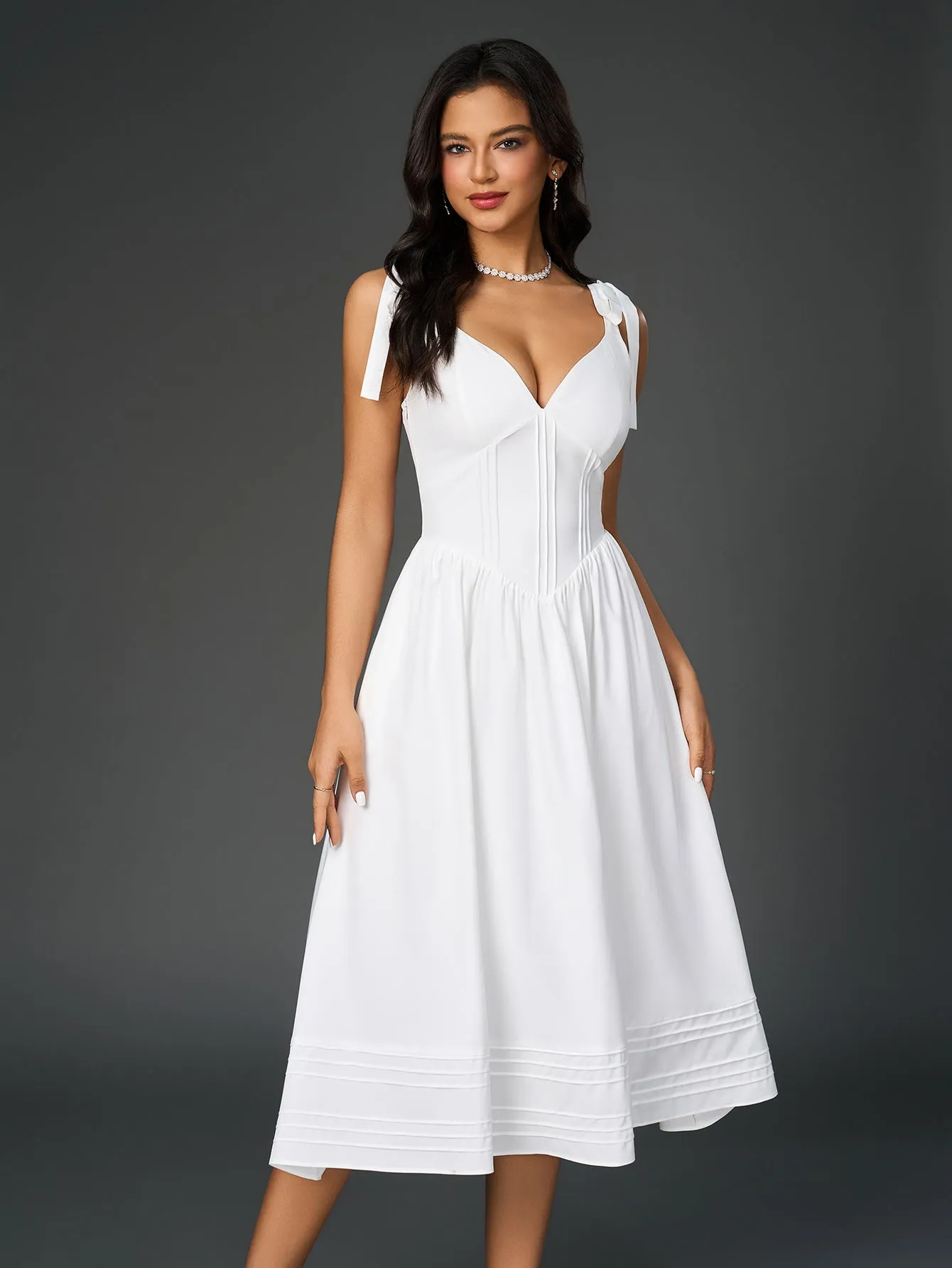 Tie Shoulder V-Neck Pleated Pocket Solid Dress