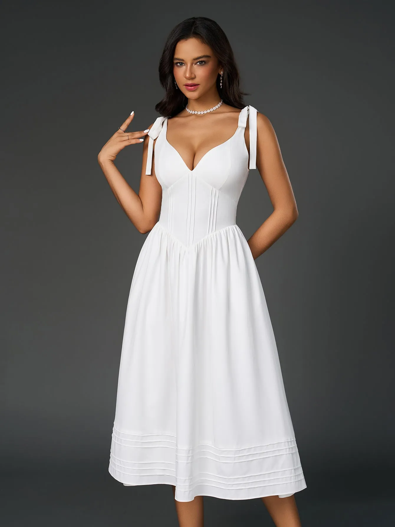 Tie Shoulder V-Neck Pleated Pocket Solid Dress