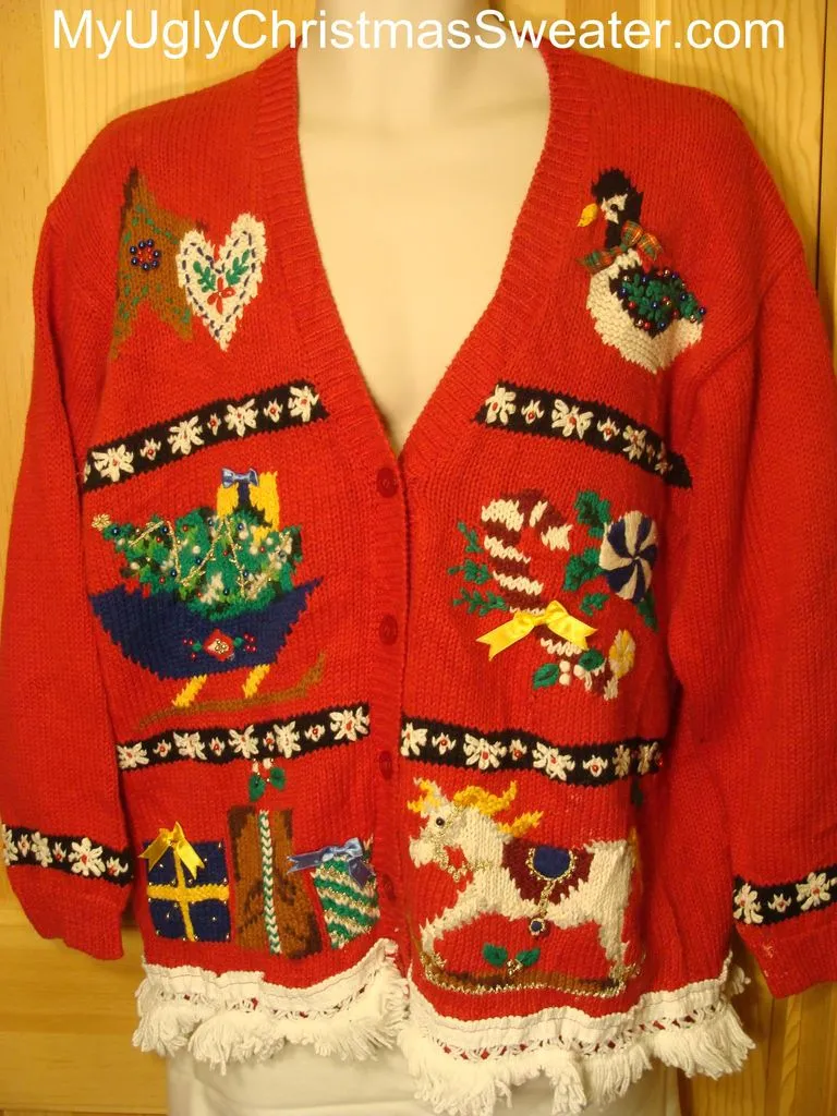 Ugly Christmas Sweater with Rocking Horse, Goose, and a Toppled Tree