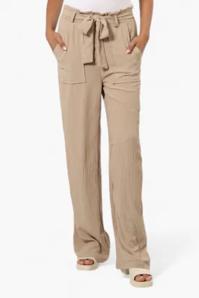 Urbanology Solid Belted Palazzo Pants - Beige