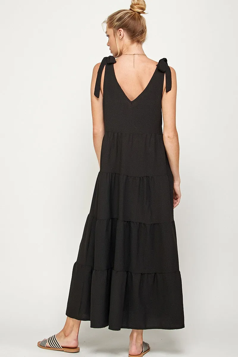 V Neck Tie Shoulder Maxi Dress