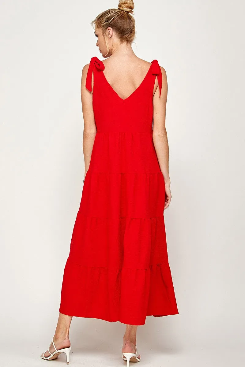 V Neck Tie Shoulder Maxi Dress