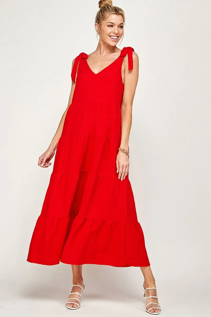 V Neck Tie Shoulder Maxi Dress