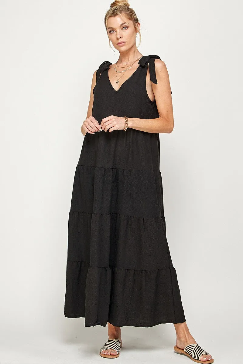 V Neck Tie Shoulder Maxi Dress