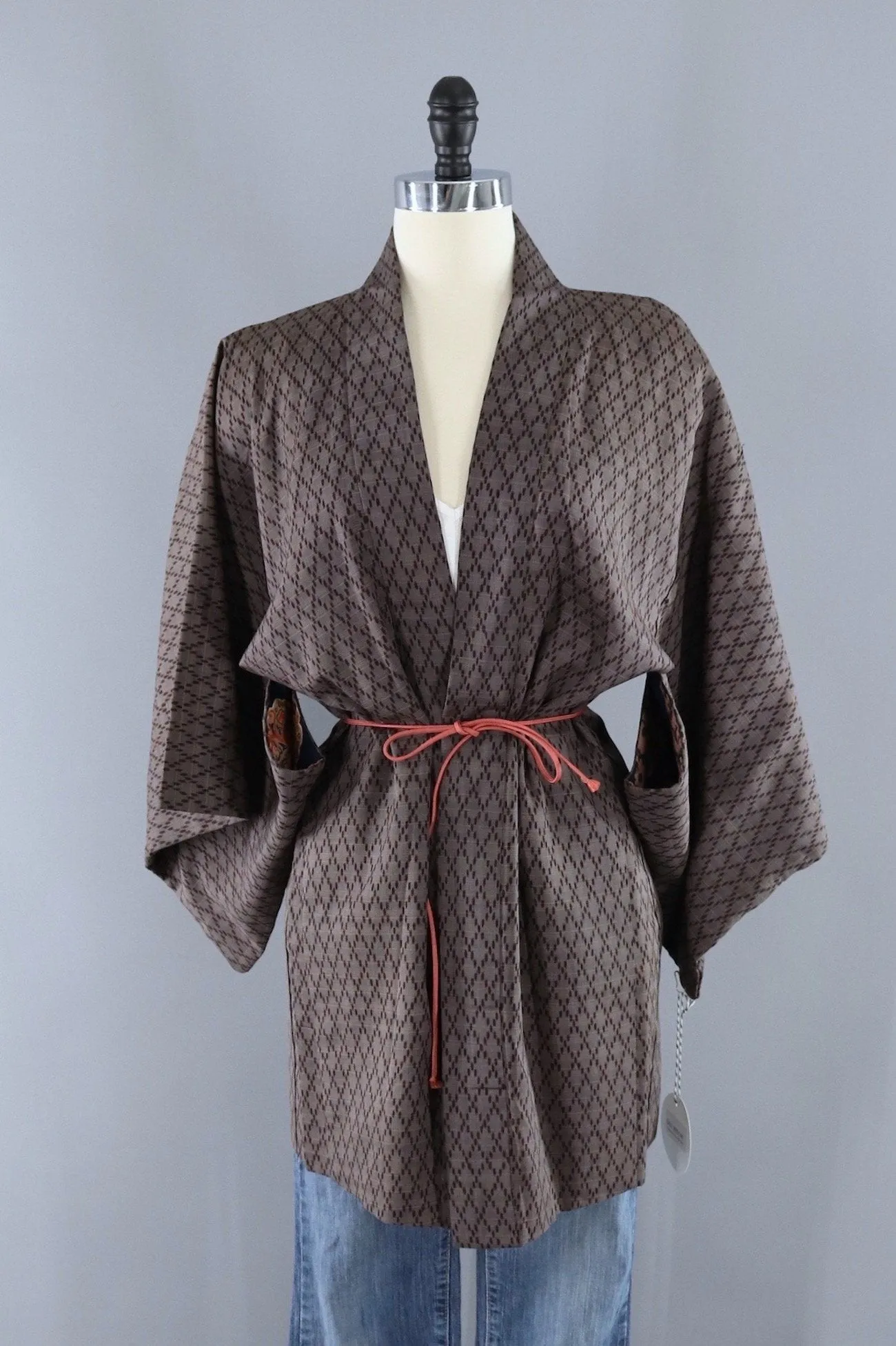 Vintage Silk Kimono Cardigan / Brown Ikat Diamonds