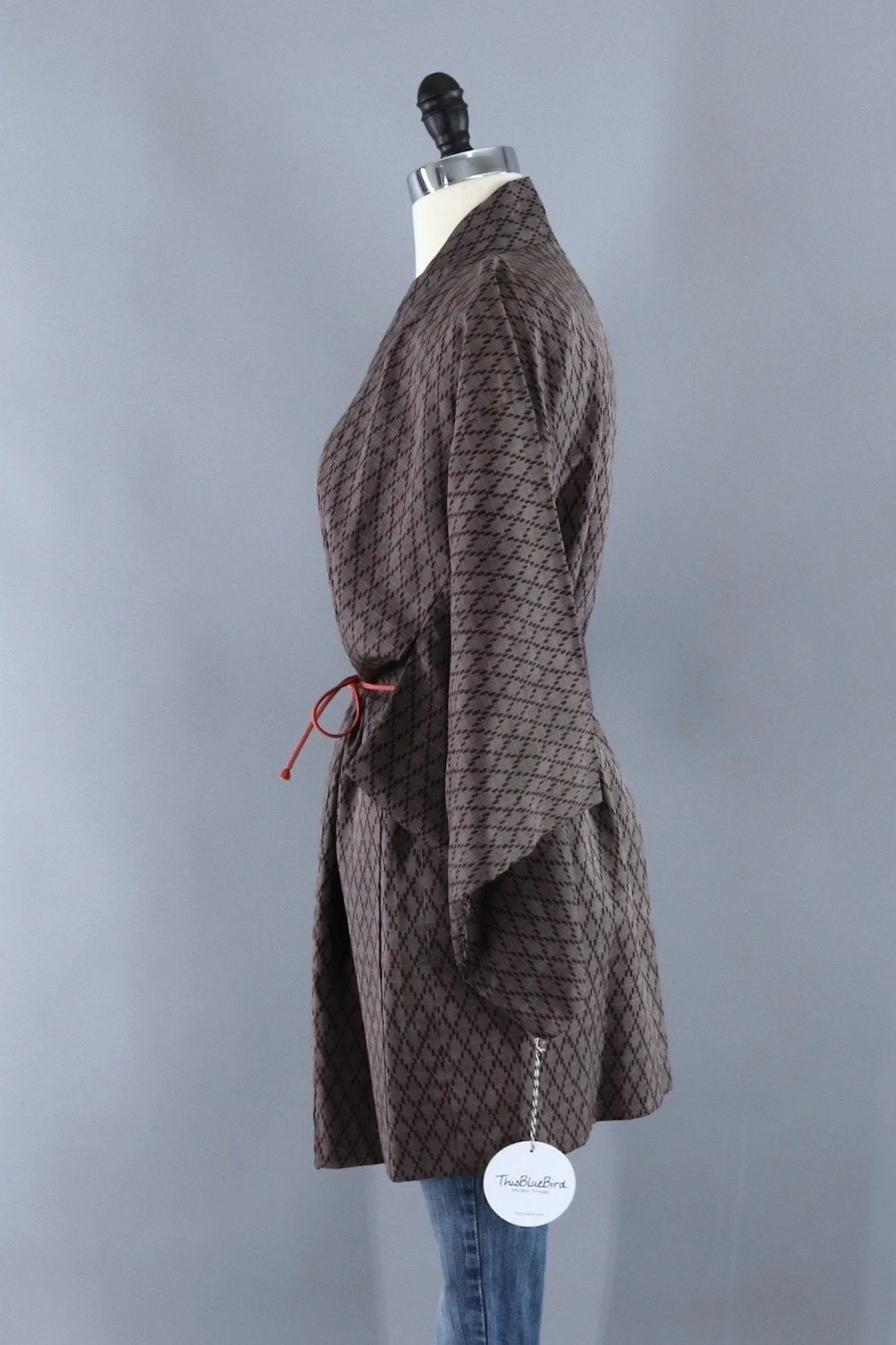 Vintage Silk Kimono Cardigan / Brown Ikat Diamonds