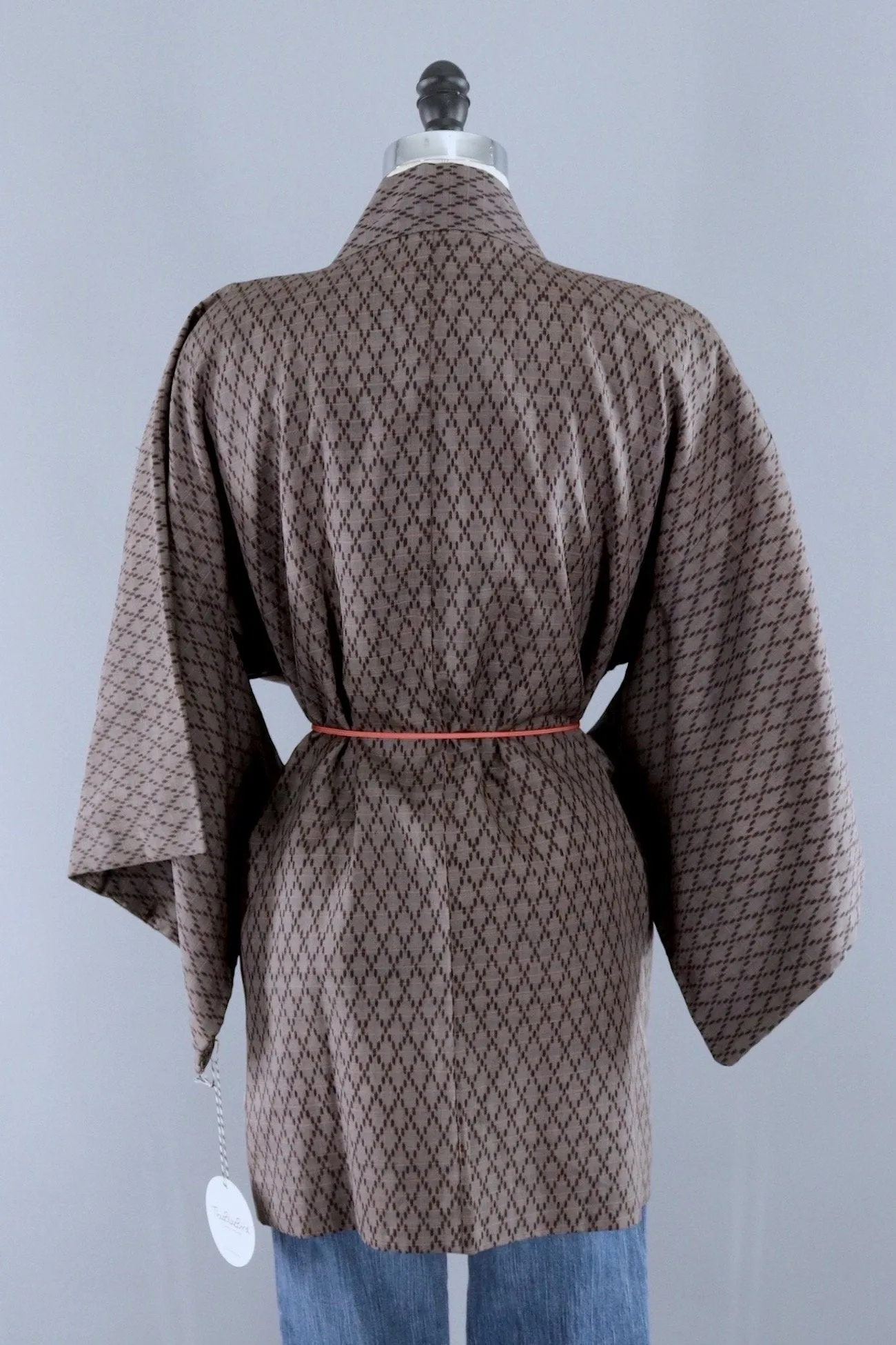 Vintage Silk Kimono Cardigan / Brown Ikat Diamonds