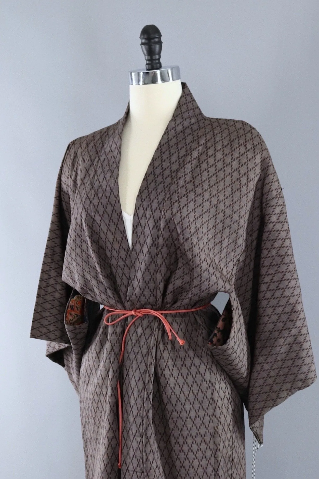 Vintage Silk Kimono Cardigan / Brown Ikat Diamonds