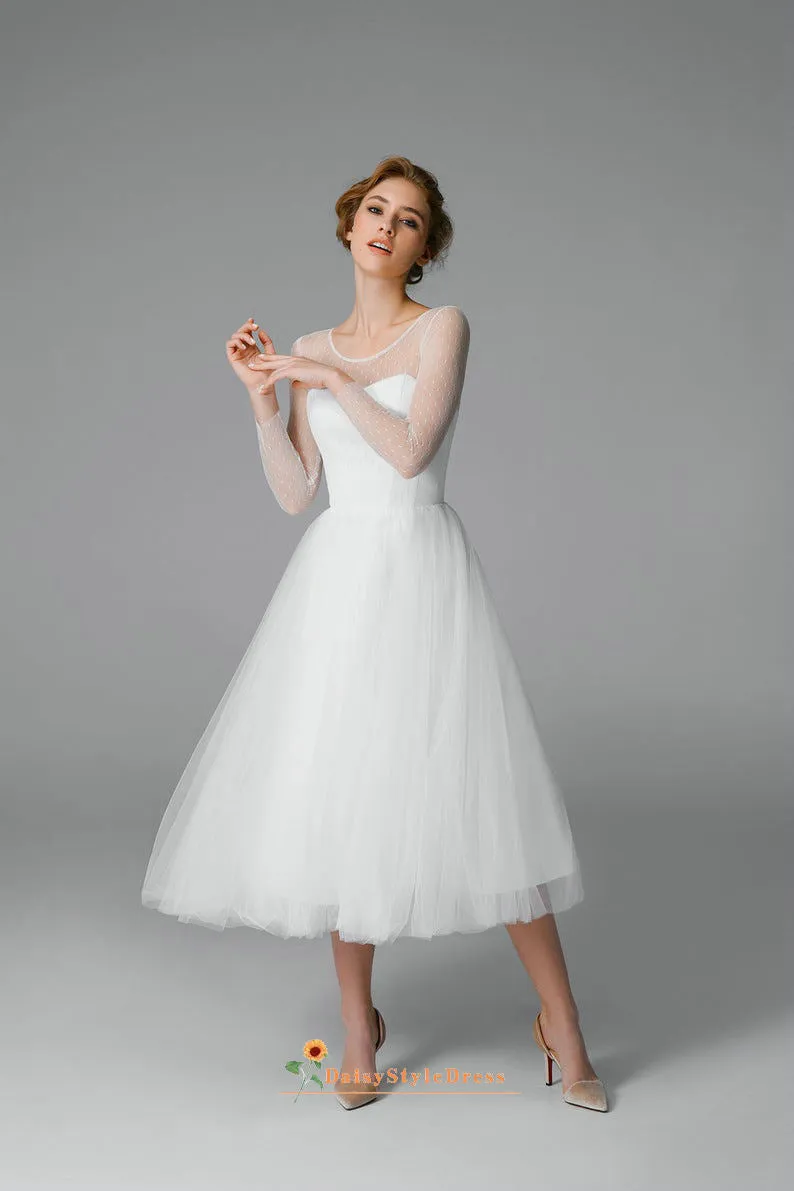 Vintage Tea Length Long Sleeve Wedding Dress