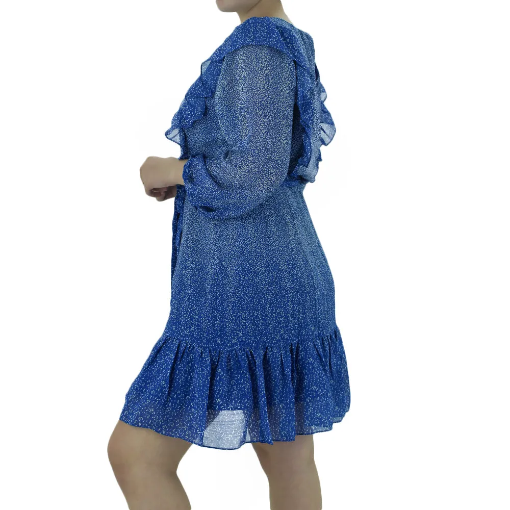 Women's Chiffon Ruffled Dress,Indigo/White