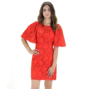 Women's Lace Butterfly Sleeve Short Dress,Red