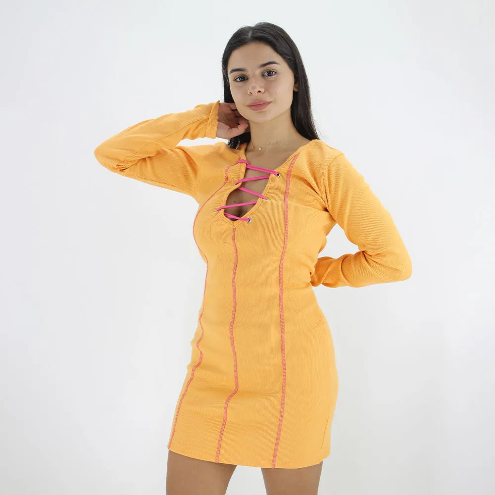 Women's Slim Fit Ribbed Dress,Orange