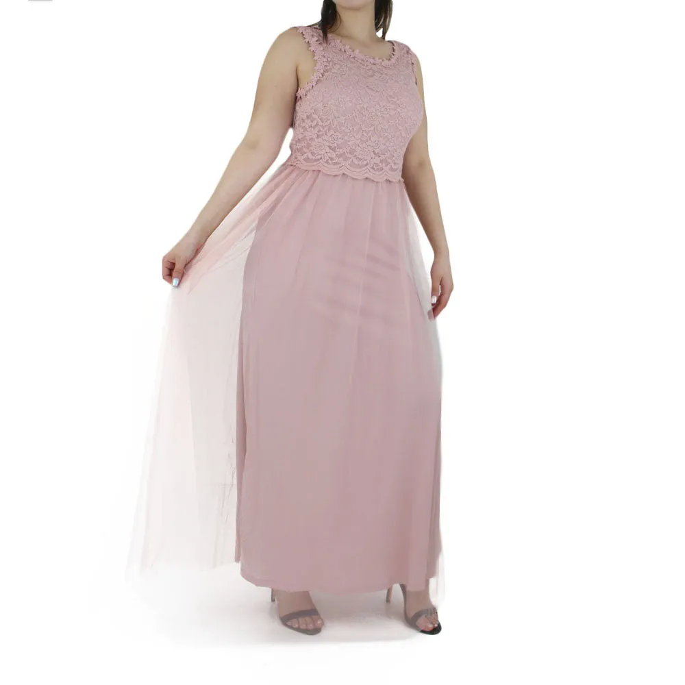 Women's Upper Lace Long Dress,Pink